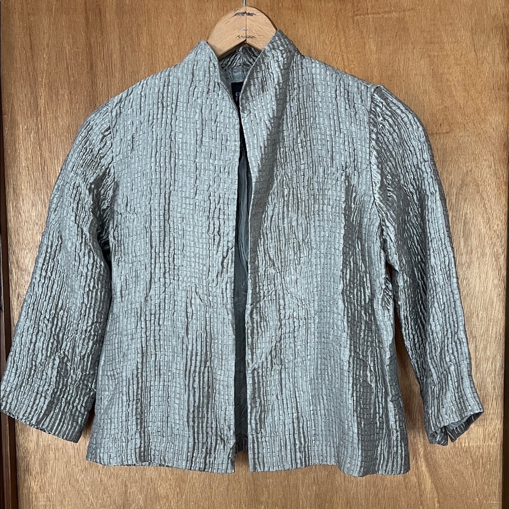 Eileen Fisher Petite Silver Textured Silk Cropped Jacket Crinkle Open Front